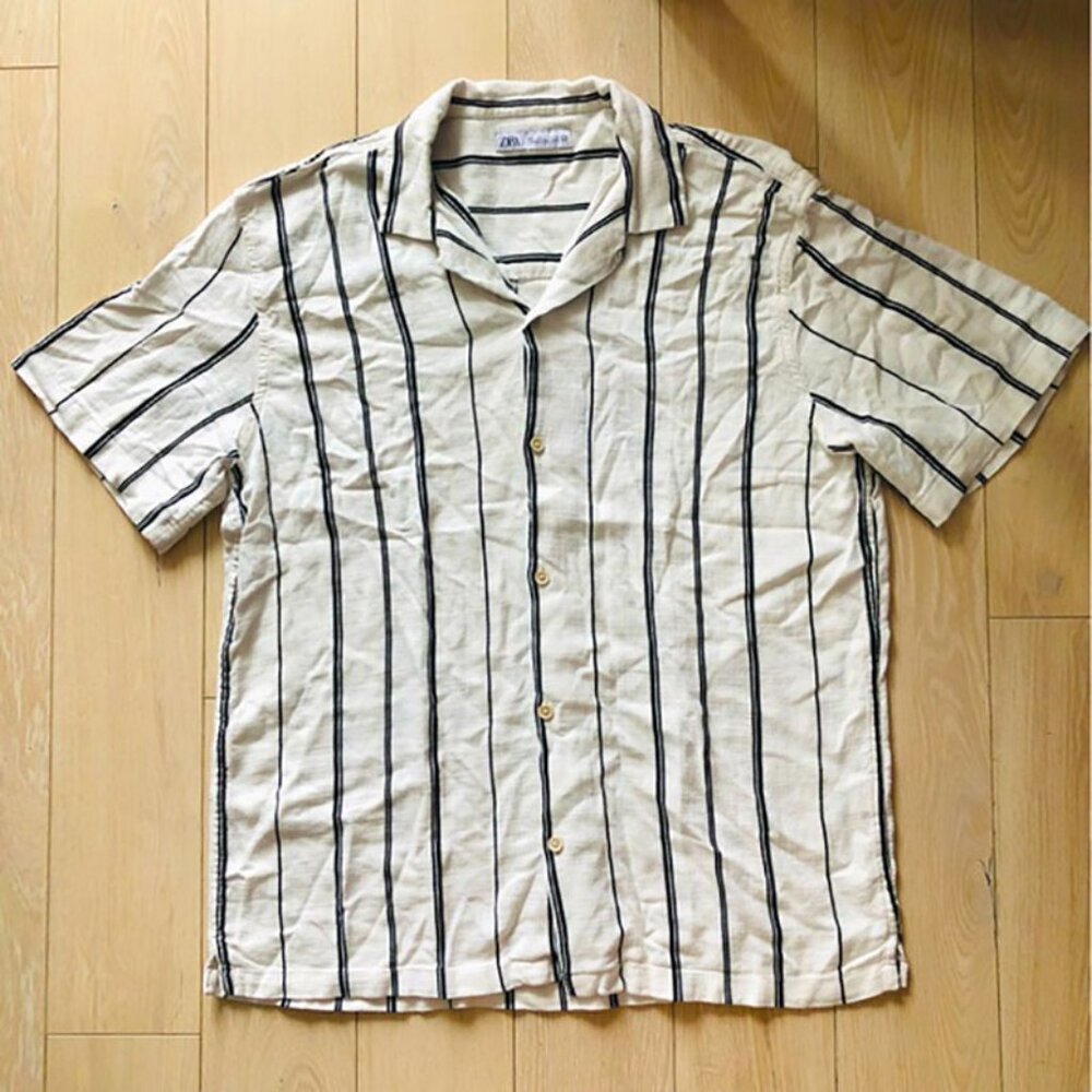 Zara Linen Blend Camp Collar Striped Button Up Shirt in White Size L